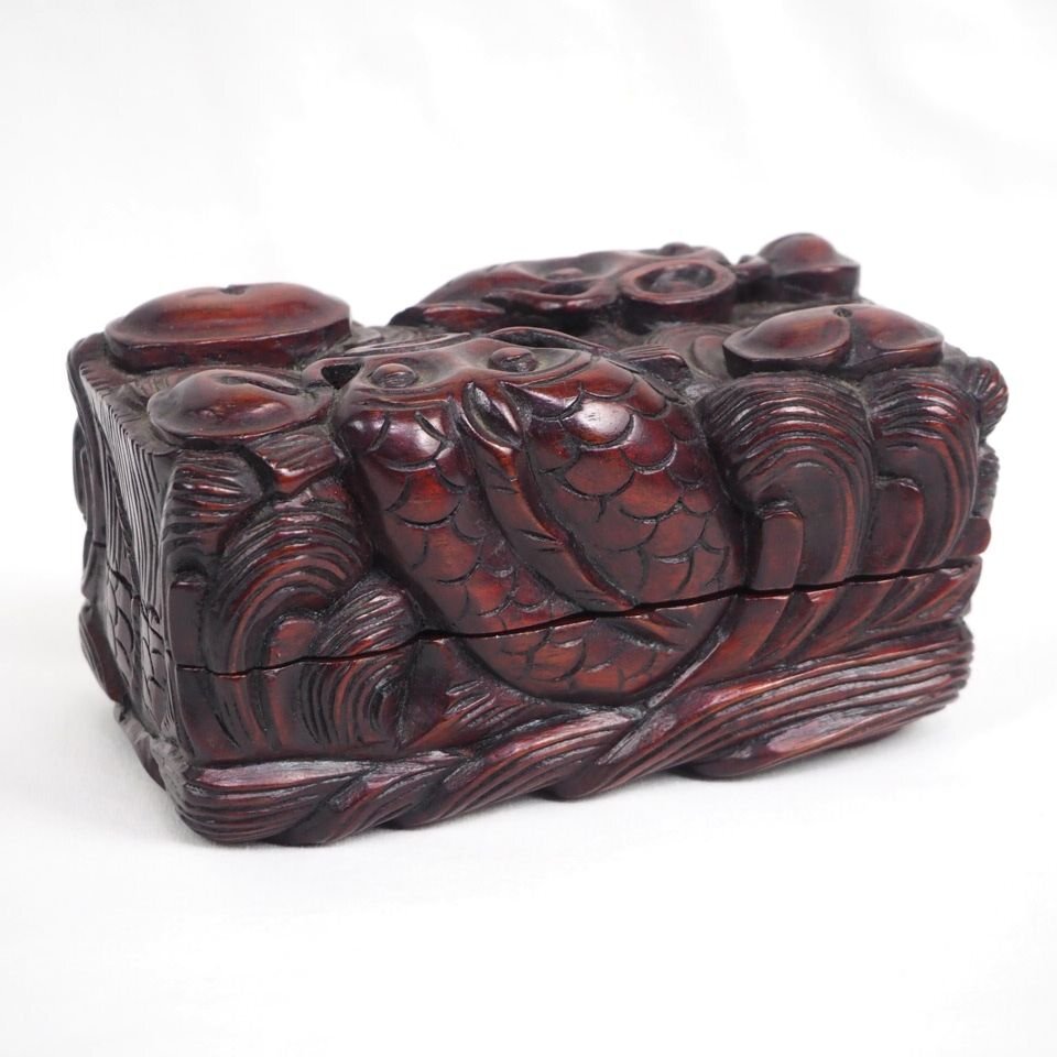 【金富士】時代物　唐木花梨　龍彫刻刳貫小箱　　検/中国古玩骨董茶道具堆朱紫檀黒檀花梨清民国屈輪彫堆黒剔犀書道具