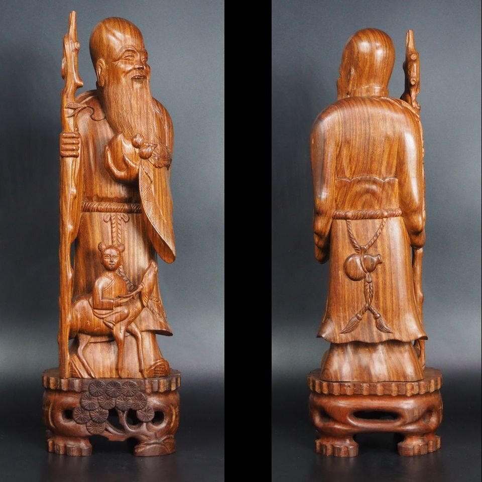 【金富士】値下げ中　花梨材木彫寿老人　高さ48ｃｍ　検/中国古玩骨董茶道具堆朱紫檀黒檀花梨清民国屈輪彫堆黒剔犀