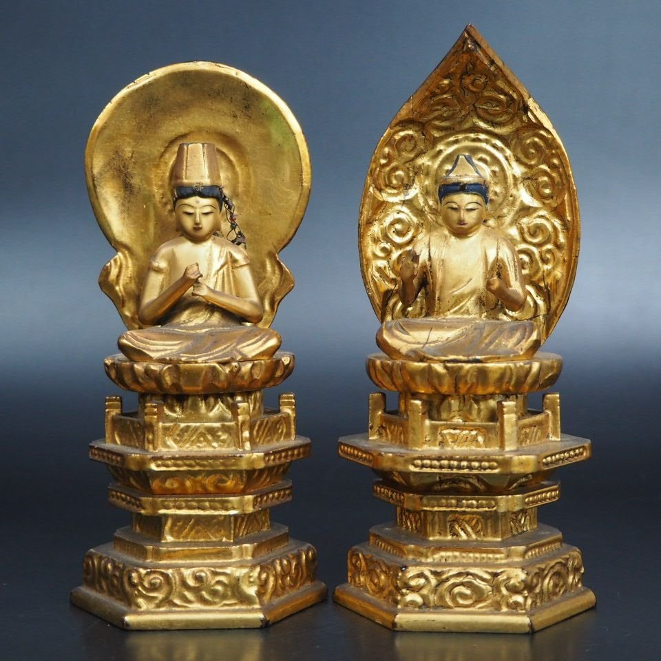 【金富士】旧家蔵出　木彫り大日如来坐像　釈迦如来坐像 仏像 古仏　仏像　厨子高16.5ｃｍ　 検/琥珀珊瑚翡翠仏像観音如来仏具