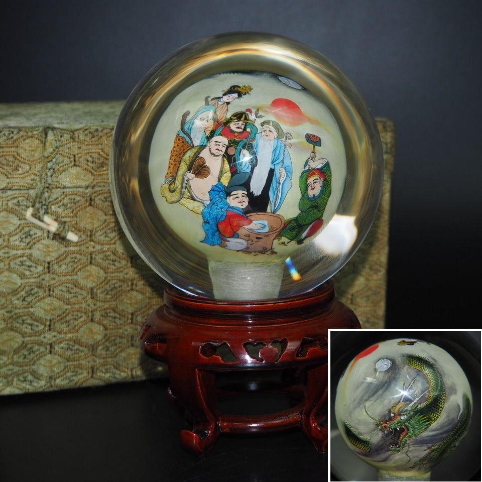 【金富士】値下げ中　中国美術　七福神雲龍図 　手書き内画ガラス置物 検/中国古玩乾隆康熙雍正光緒