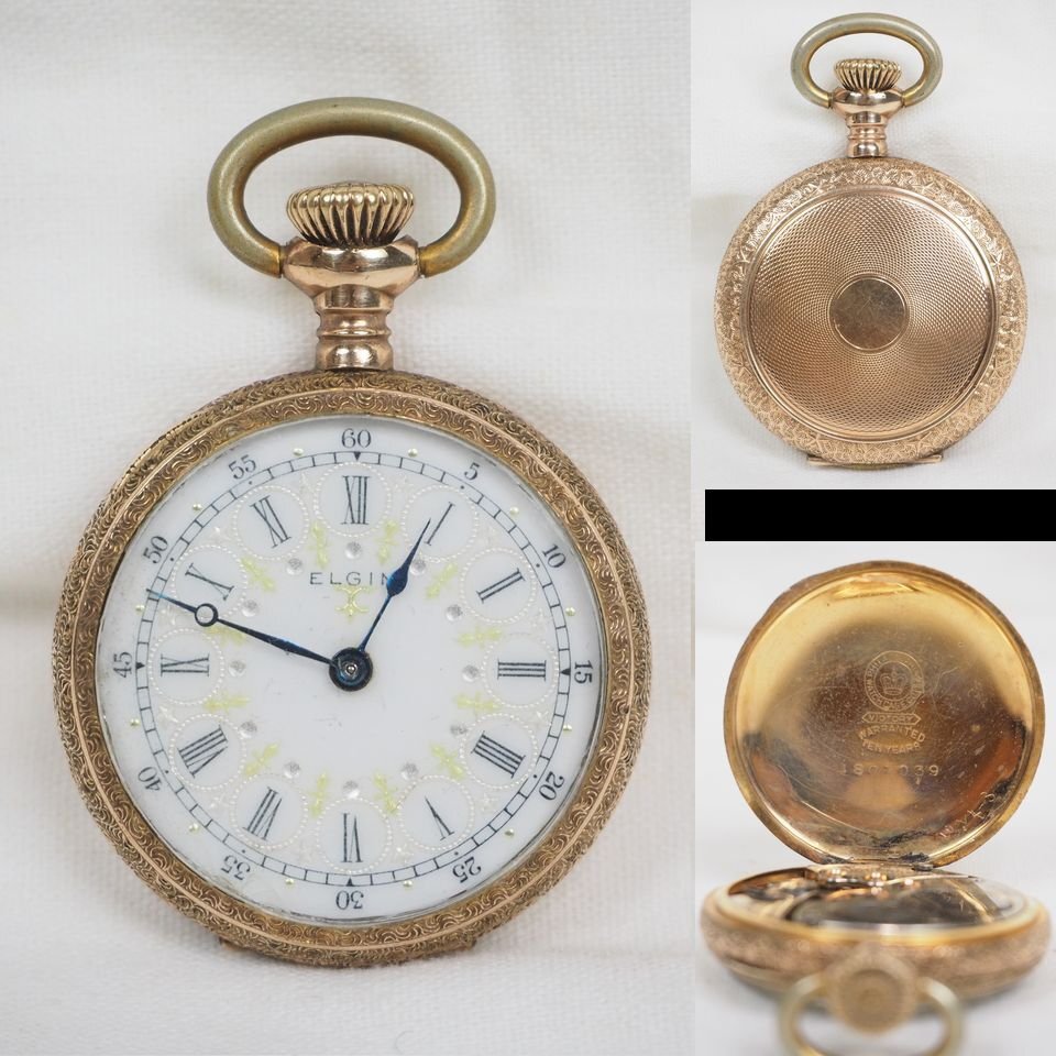 【金富士】19世紀末～20世紀初頭　ゴールドフィルド ELGIN エルジン懐中時計 手巻き 動作品　チェーン付