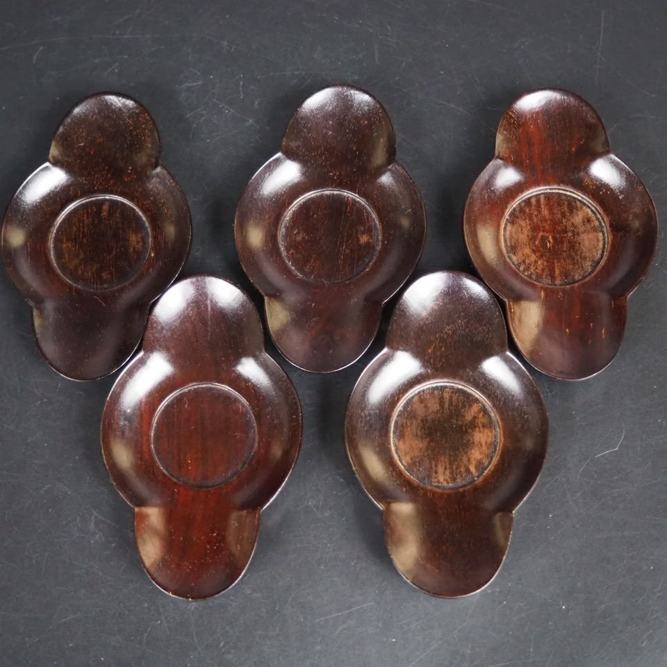 【金富士】値下げ中　時代物　紫檀製茶托5枚　茶道具　検/盆栽骨董茶道具堆朱紫檀清時代民国屈輪彫堆黒剔犀古玩骨董　