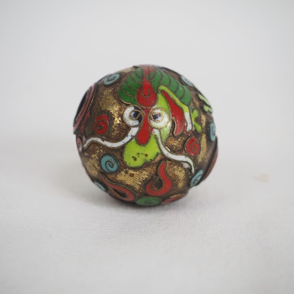 【金富士】時代物　七宝龍文緒締玉　径約2.5ｃｍ　②検/提げ物緒締玉根付印籠翡翠珊瑚琥珀印籠煙草入煙管中国古玩骨董