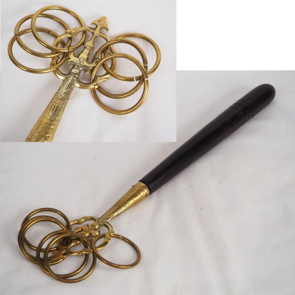 【金富士】値下げ中　時代物　密教法具 寺院用仏具 錫杖 紫檀柄　長さ31.8cm 　
