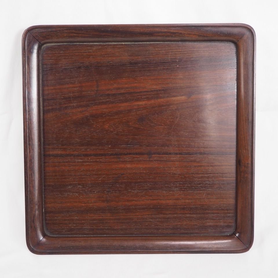 【金富士】値下げ中　時代物　紫檀紅木唐木四角盆　31.5×31.5ｃｍ　煎茶道具　