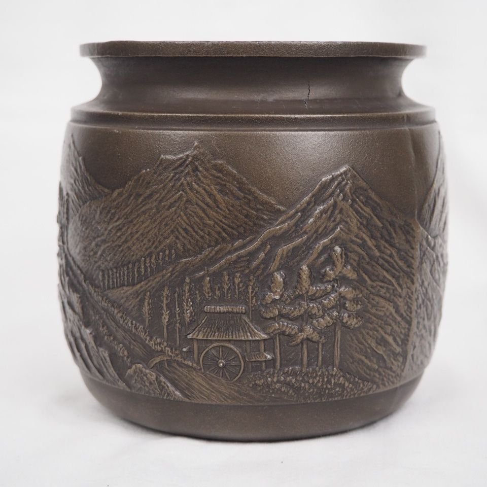 【金富士】山水楼閣紋建水　ジャンク品　茶道具　検/銀瓶鉄瓶茶托茶壺古錫玉川堂高岡佐渡銅器龍文堂中国古玩骨董
