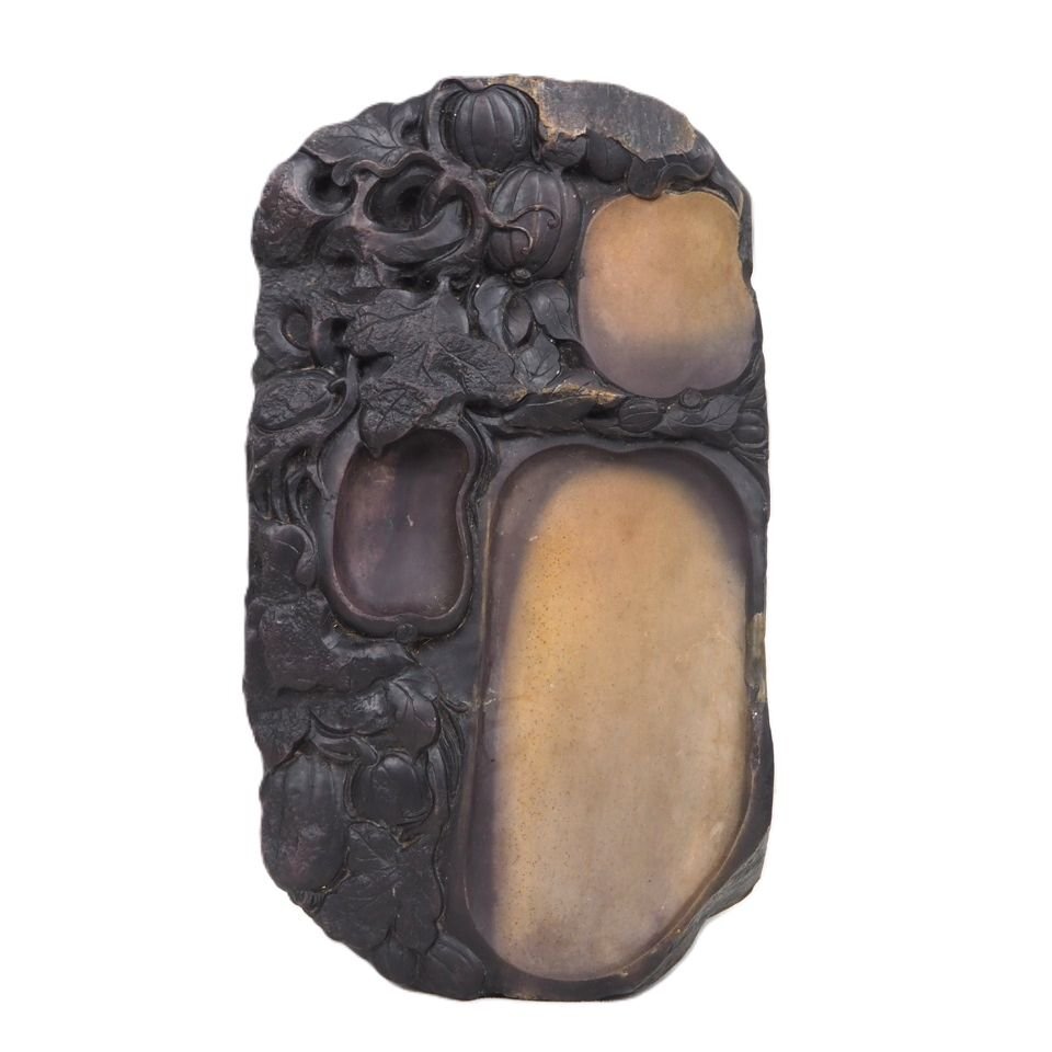 【金富士】値下げ中時代物　瓜文彫老坑端硯　26×15×6.3ｃｍ　重さ4.7ｋｇ　珍品　書道具　検/唐物中国古玩骨董墨和紙文房具硯筆三星紅星