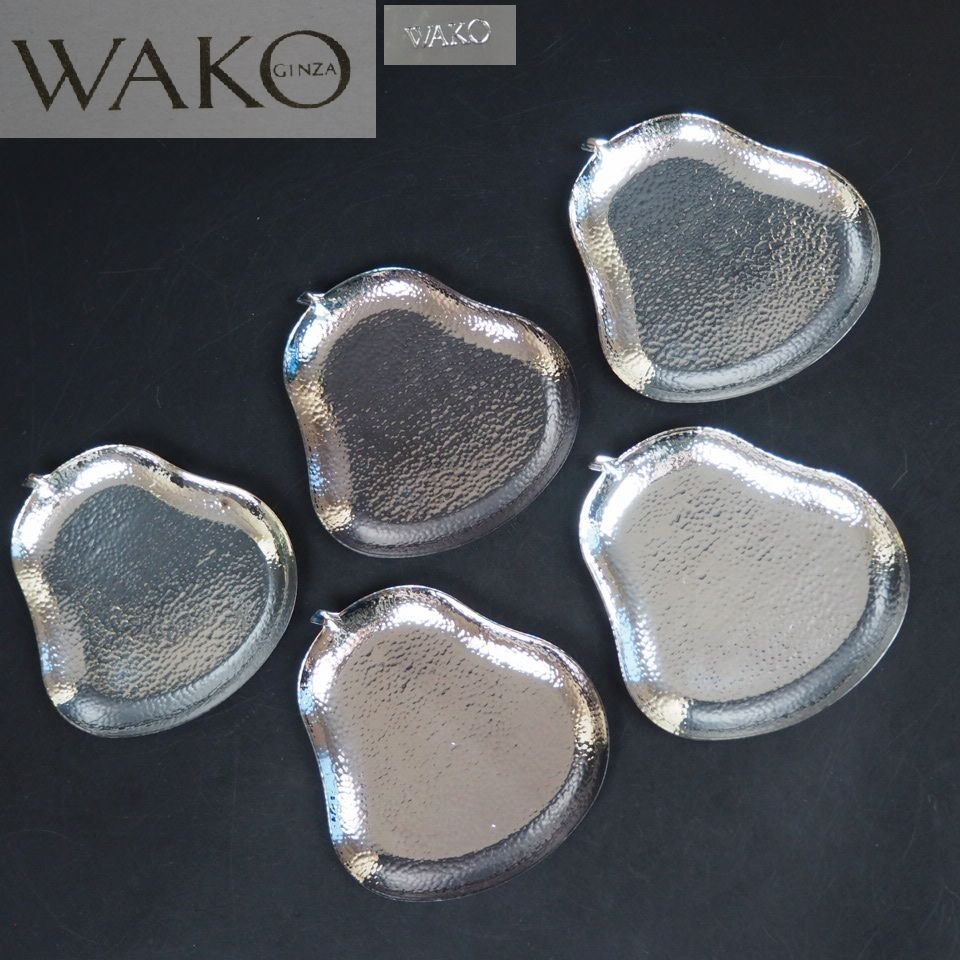 【金富士】銀座WAKO　銀仕上げ　梨形菓子皿5客　未使用　検/銀瓶鉄瓶茶托茶壺古錫玉川堂高岡佐渡銅器龍文堂亀文堂清
