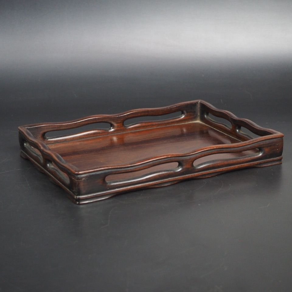 【金富士】値下げ中　時代物　紫檀紅木唐木 透かし彫り四角盆　22.5×15.5ｃｍ　煎茶道具　