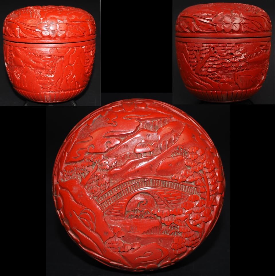 【金富士】値下げ中　時代物　山水楼閣紋堆朱棗　茶道具　検/中国古玩骨董茶道具堆朱紫檀清民国屈輪彫堆黒剔犀