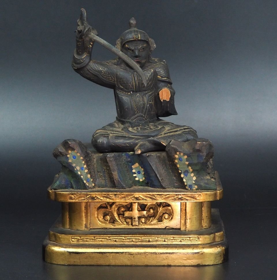 【金富士】江戸期　木彫玉眼入　妙見菩薩坐像　仏教美術　高さ17ｃｍ　 検/琥珀珊瑚翡翠仏像観音如来仏具