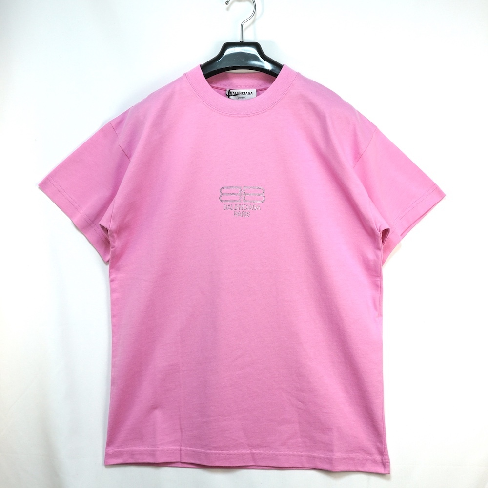 BALENCIAGA バレンシアガ ラインストーン ロゴ BB パリ アイコン Tシャツ ピンク XSサイズ 612965 TMVP2