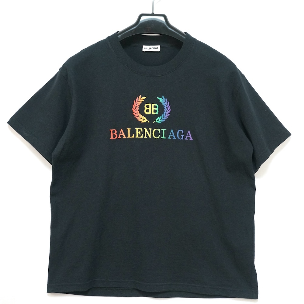 BALENCIAGA バレンシアガ BB レインボー ロゴ エンブロイダリー Tシャツ ブラック XLサイズ 570805 TEV53