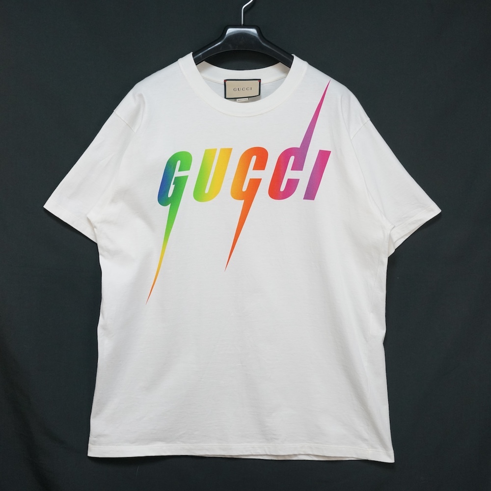 GUCCI グッチ ブレード ロゴ オーバーサイズ コットン Tシャツ ホワイト コットン グラデーション カラー ロゴ Mサイズ 616036 XJFF9