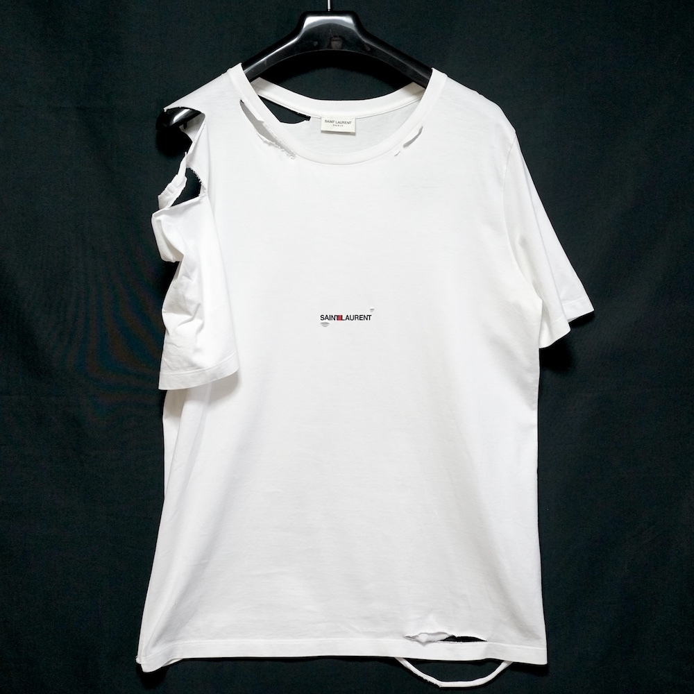 SAINT LAURENT PARIS サンローラン デストロイ ダメージ 加工 ロゴ Tシャツ ホワイト Mサイズ 464572 YB1EN 9000