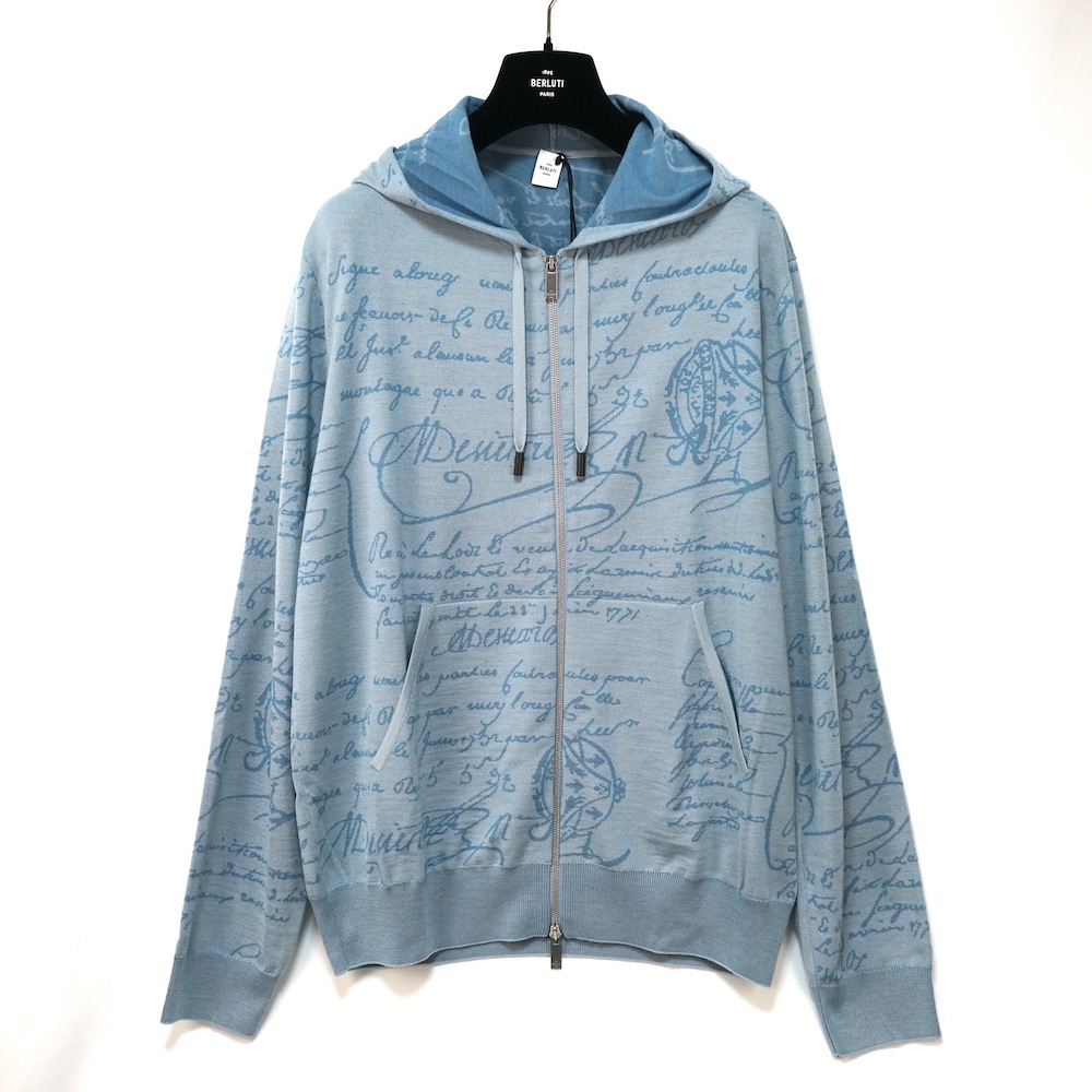 BERLUTI 1895 PARIS ベルルッティ Scritto Wool Zip Up Hoodie スクリット ウール ジップ アップ フーディ パーカー Lサイズ ペールブルー