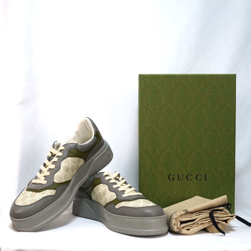 GUCCI グッチ ＧＧスニーカー GGキャンバス レザー グレー グリーン アイボリー 12サイズ（約31cm） 700641 UPG90 1282