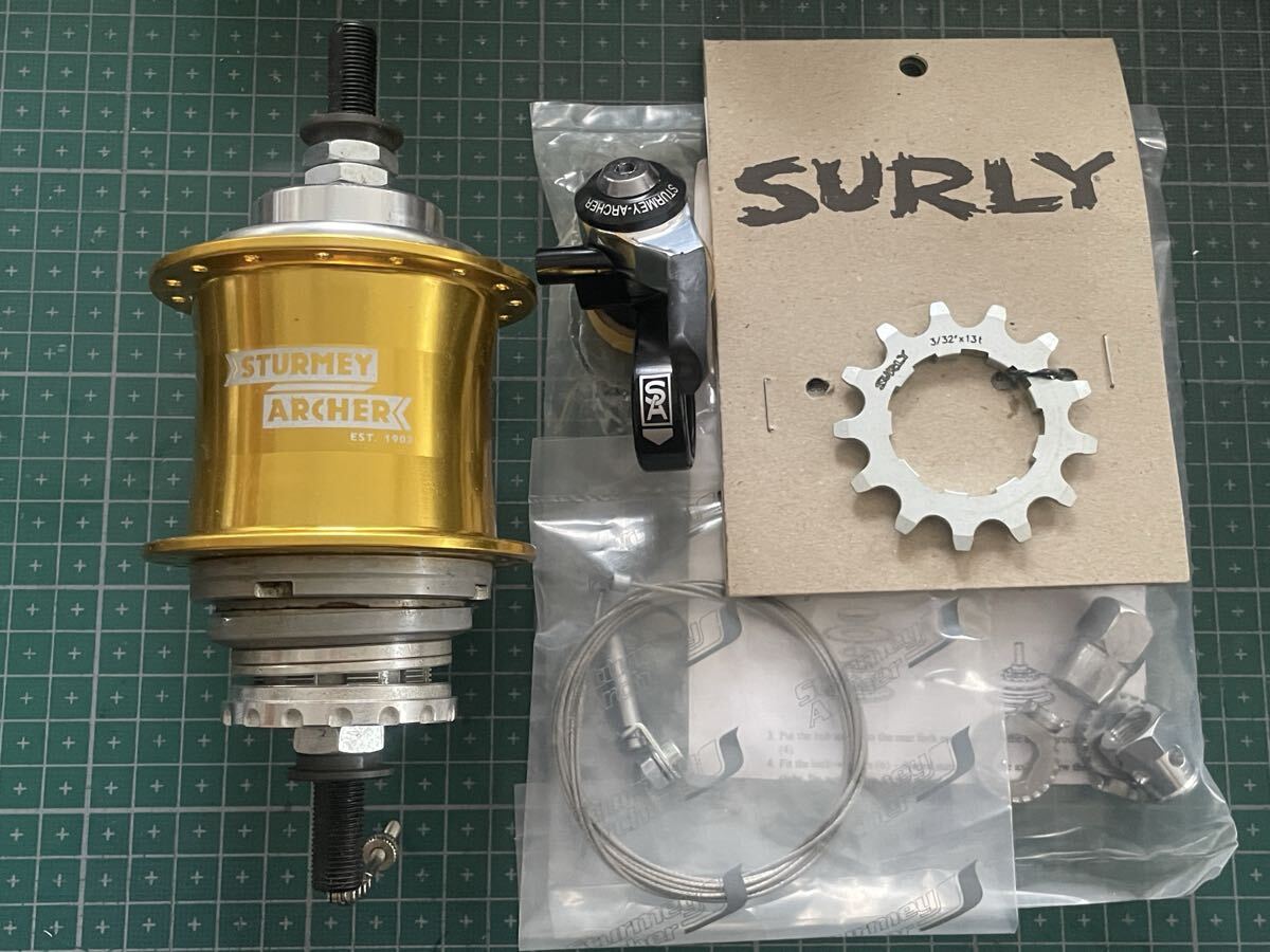 未走行品 Sturmey Archer S3X 3Speed Fixie Rear Hub Kit 130mmOLD 32H 2010MY + おまけ SURLY 13T Gear (注意：ホイール組立痕あり)