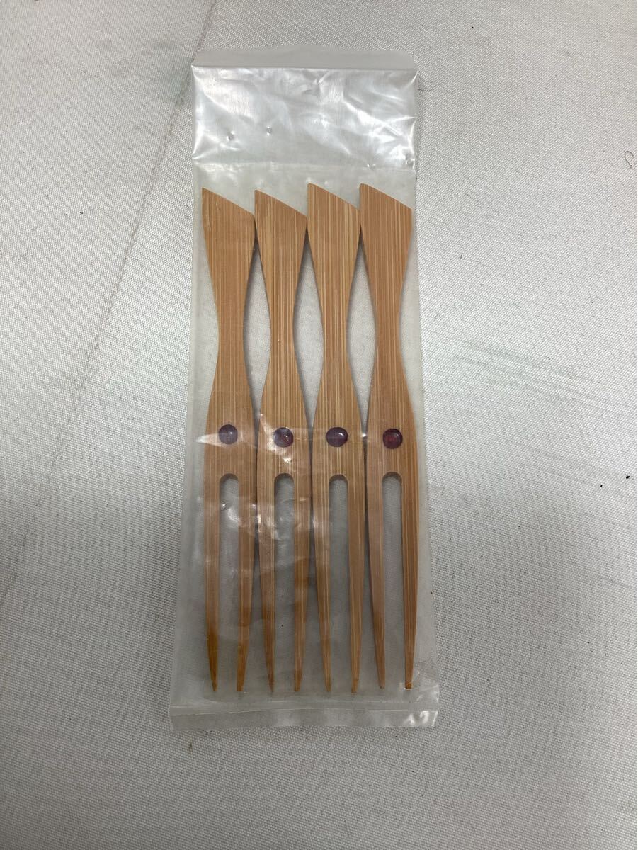 竹製 姫フォーク 4本セット 和菓子用 楊枝 二股 デザートフォーク レトロ 中古
