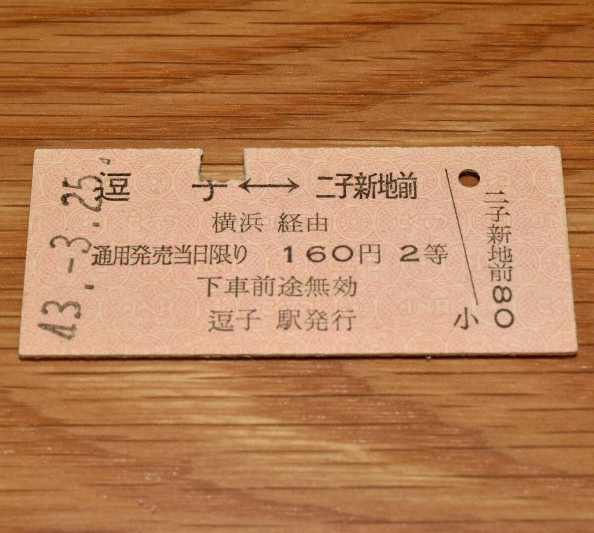 2等 逗子⇔二子新地前 横須賀線→横浜接続→東横線連絡乗車券 S43年