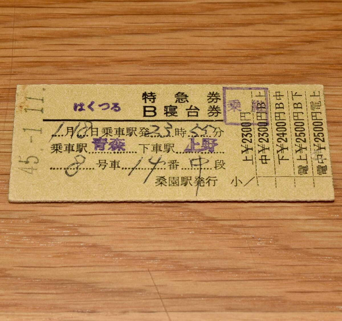 はくつる 特急券・B寝台券 青森→上野 桑園駅発行