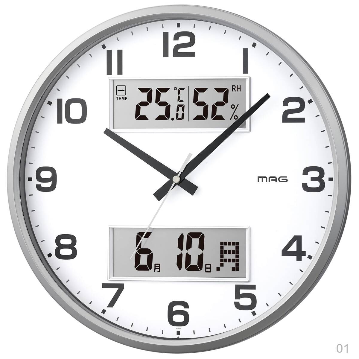 【新品】掛け時計 MAG(マグ) アナログ 壁掛け時計 湿度計 温度計 カレンダー 日付 静音 連続秒針 直径32.0㎝ シルバー ダブルポスト AW- 20