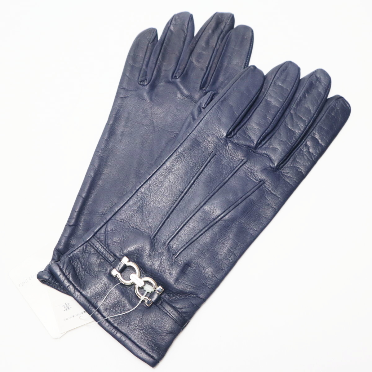 Salvatore Ferragamo サルヴァトーレフェラガモ ダブルガンチーニ レザー/シルク グローブ 手袋 7 ネイビー/シルバー K10-ｋ001