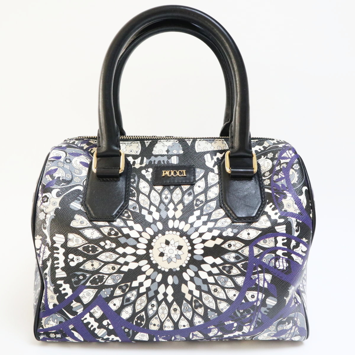 EMILIO PUCCI エミリオプッチ ペイズリー柄 PVC/レザー ミニボストン ハンドバッグ ネイビー K11-k009