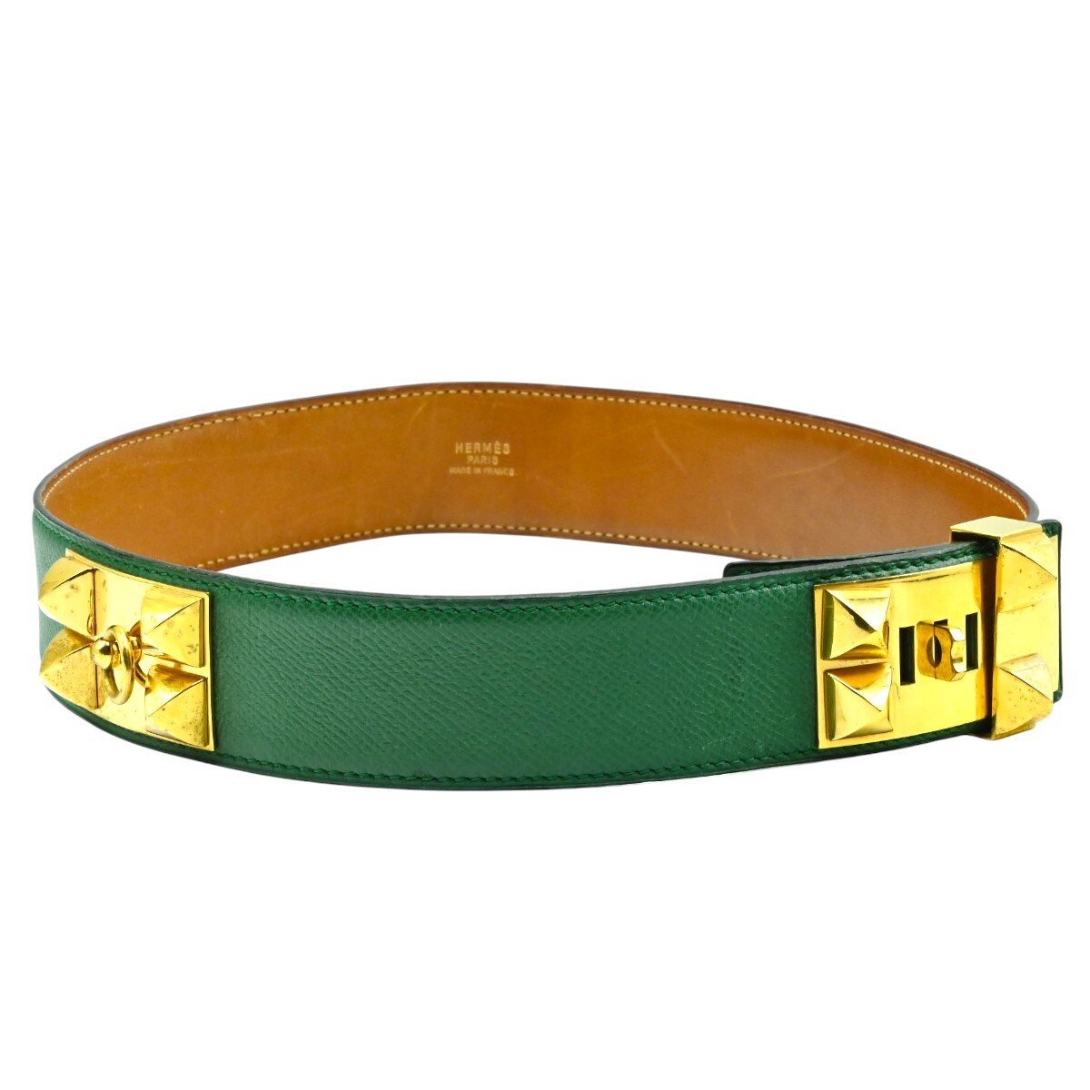 HERMES エルメス コリエドシアン レザー ベルト グリーン/ゴールド 〇R 65 K2511-k094