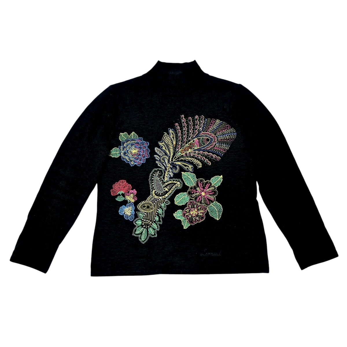 LEONARD レオナール フラワー刺繍柄 ラインストーン ウール 長袖 二ット セーター M ブラック/マルチカラー T2512-k029