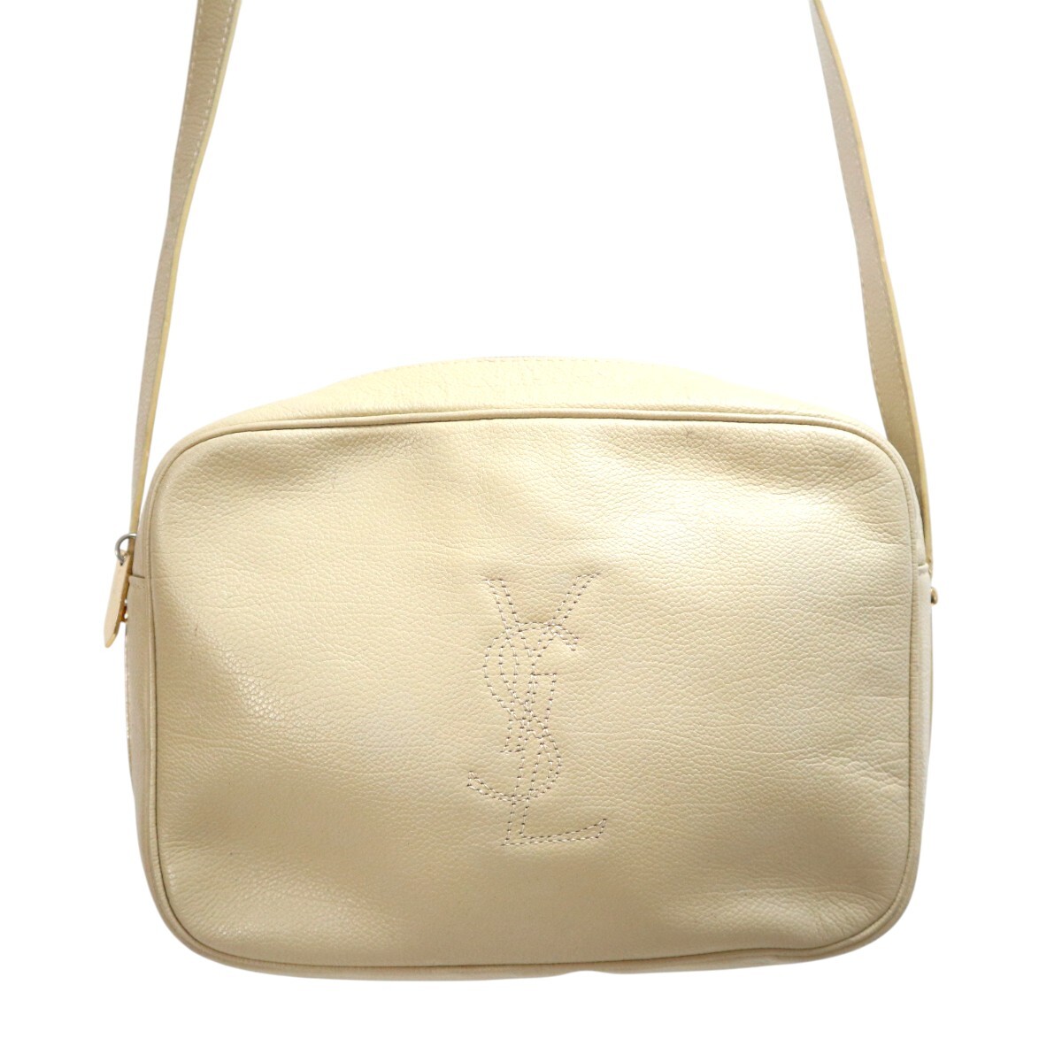 YVESSAINTLAURENT イヴサンローラン ヴィンテージ YSLロゴ レザーショルダーバッグ ベージュ M2512-k053