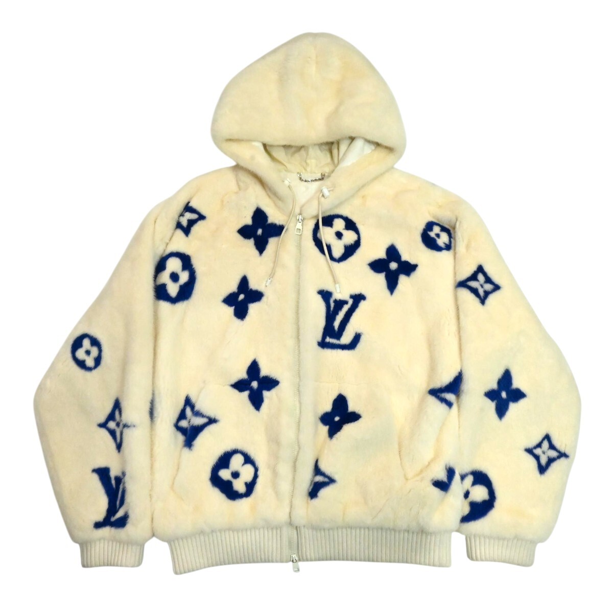 LOUIS VUITTON ルイヴィトン モノグラム ミンクファー ジップフーデッド ブルゾン 21AW 48 アイボリー/ネイビー M2512-k105