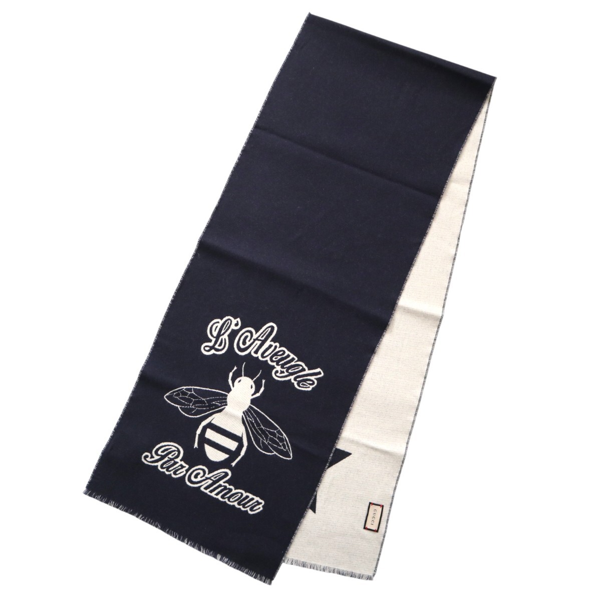 美品 GUCCI グッチ Bee&Star 蜂&星 フリンジ ウールマフラー 21AW ネイビー K2601-k001
