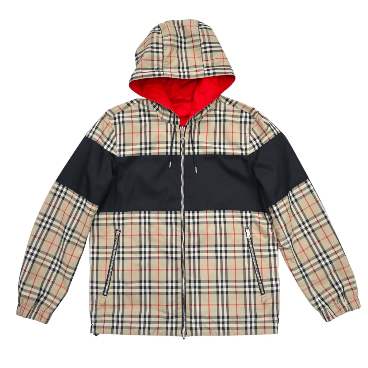 BURBERRY バーバリー ノバチェック リバーシブル コットン ジップアップ フ―ディー ジャケット S ベージュ/レッド S2601-k075