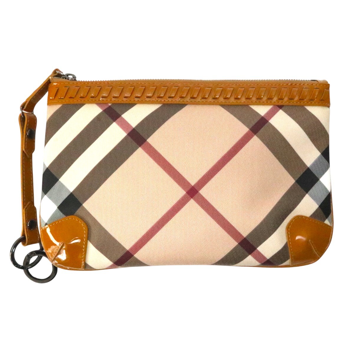 美品 BURBERRY バーバリー ノバチェック PVC/エナメル パテントレザ― ストラップ付き クラッチバッグ セカンドバッグ ベージュ M2601-k056