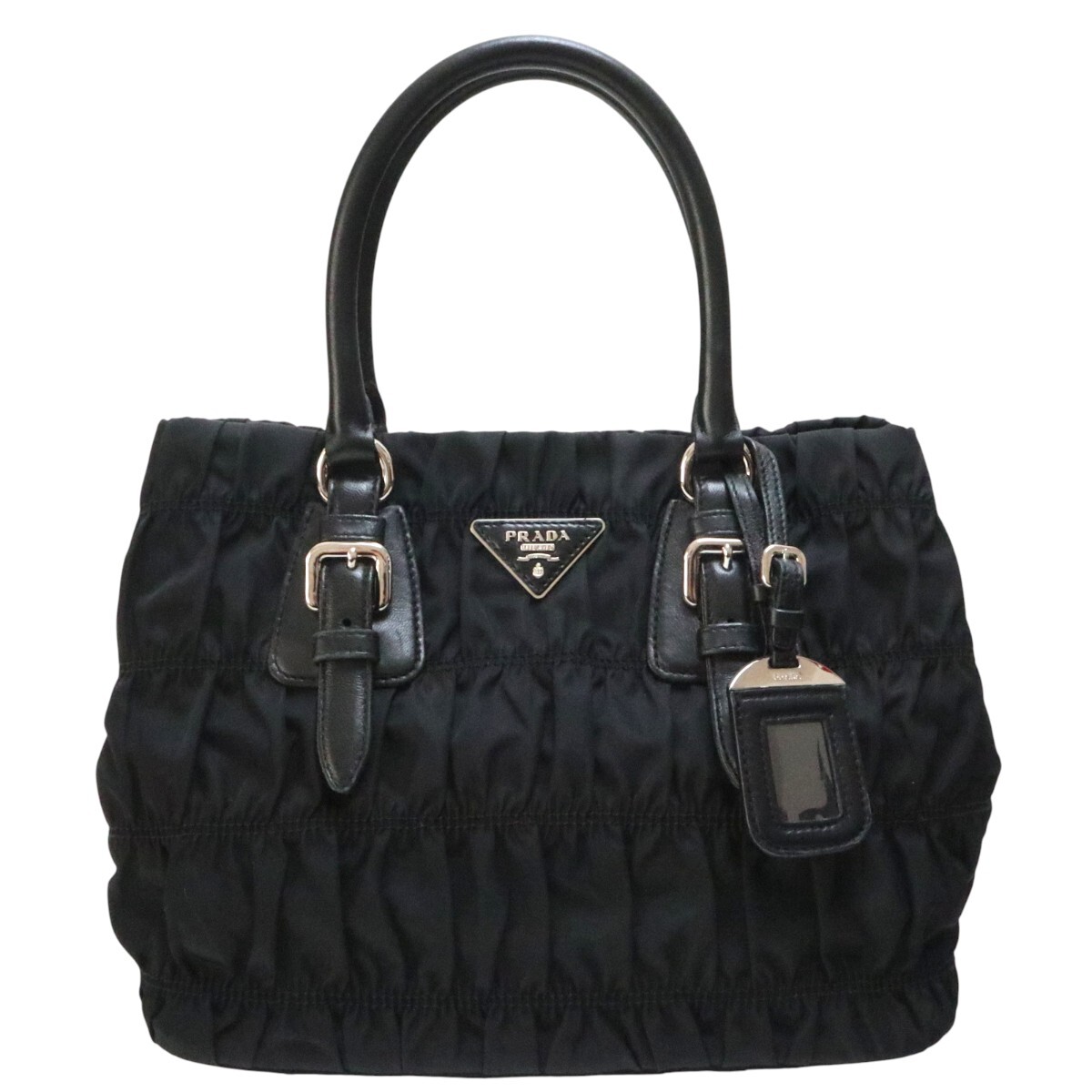 PRADA プラダ ロゴプレート ナイロンギャザー/レザー トートバッグ BN2868 ブラック/シルバー M2601-k044