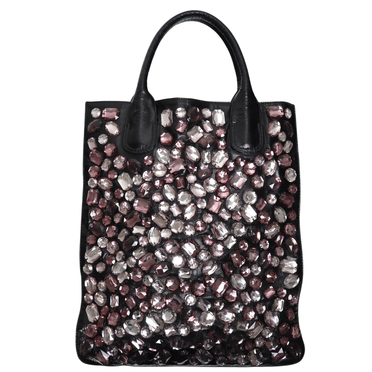 BARNEYS NEWYORK バーニーズニューヨーク ビジュー レザ―トートバッグ ブラック/クリア/パープル M2602-k019