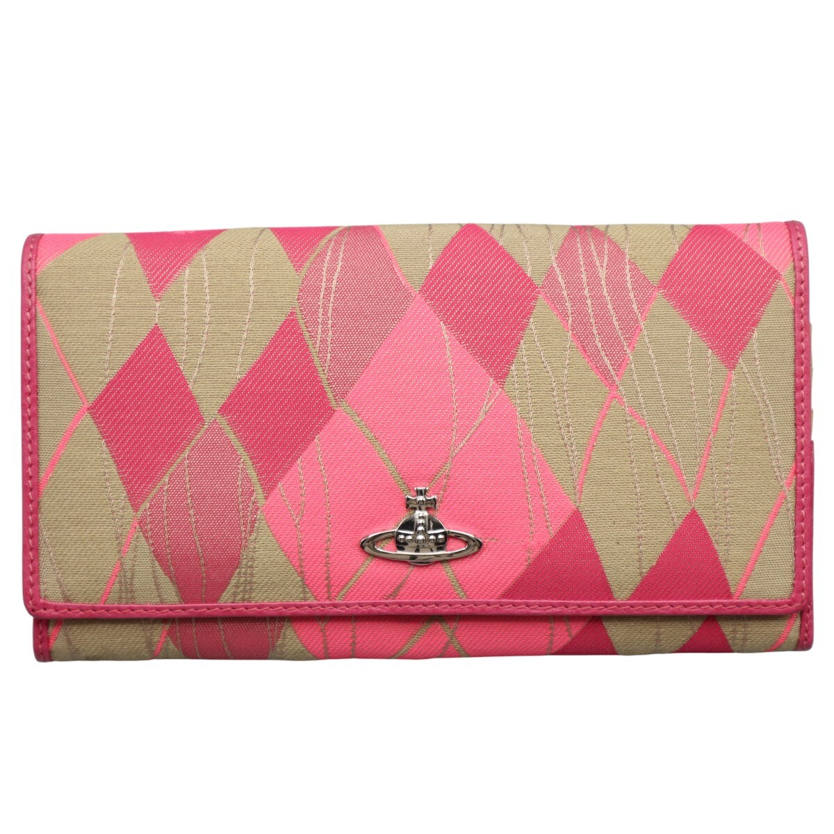 美品 Vivienne Westwood ヴィヴィアンウエストウッド オーブ キャンバス/レザー ホック長財布 ピンク/ベージュ S2602-k049NP