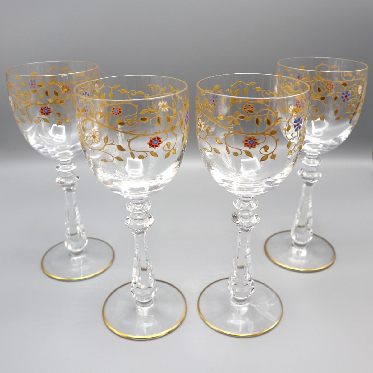 希少/美品 Baccarat オールドバカラ 草花文ワイングラス 4客セット 金彩 エナメル彩 約20.5cm S2602-t021SG