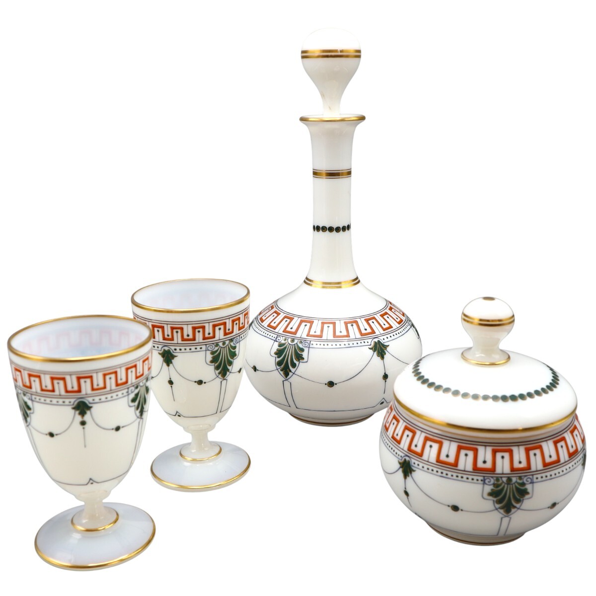 Baccarat オールドバカラ ウォーターサーバー4点セット グラス/デカンタ/シュガーポット オパーリンガラス エナメル彩 金彩 S2602-t016SG
