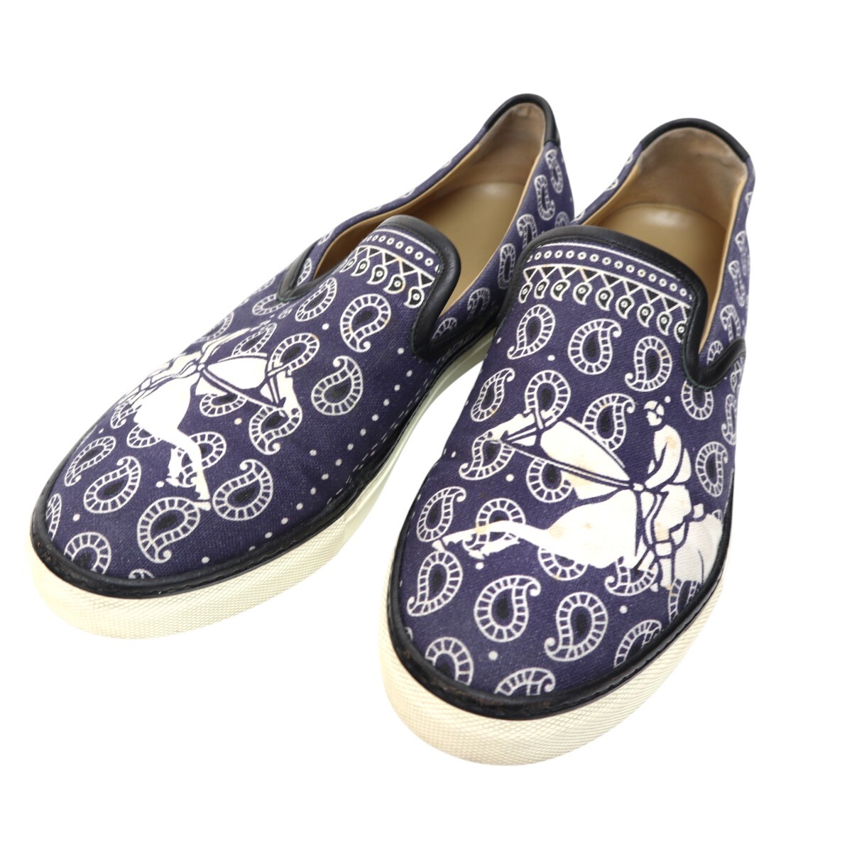 HERMES エルメス ペイズリー/ホース キャンバス/レザー スリッポン スニーカー 43 ネイビー M2602-k073