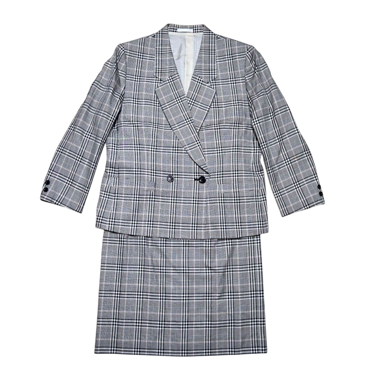 BURBERRYS バーバリーズ 千鳥柄 ウール/シルク ダブルジャケット スカート セットアップ 15号/13号 グレー T2602-k152