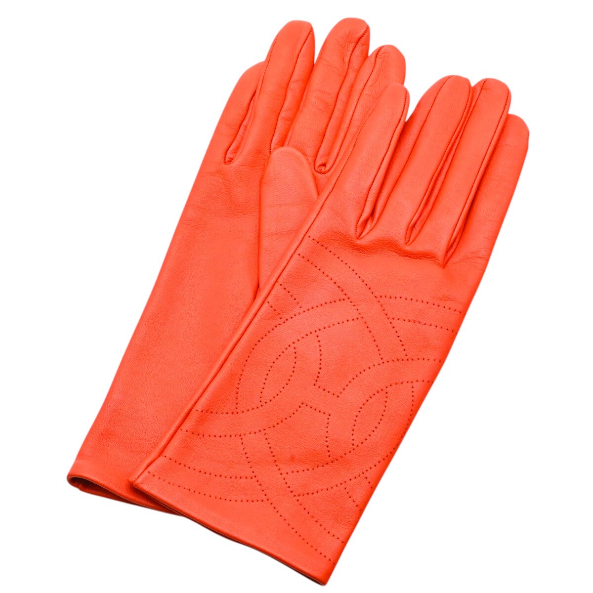 HERMES エルメス Hロゴ ラムスキン レザー グローブ 7.5 オレンジ K2604-k021
