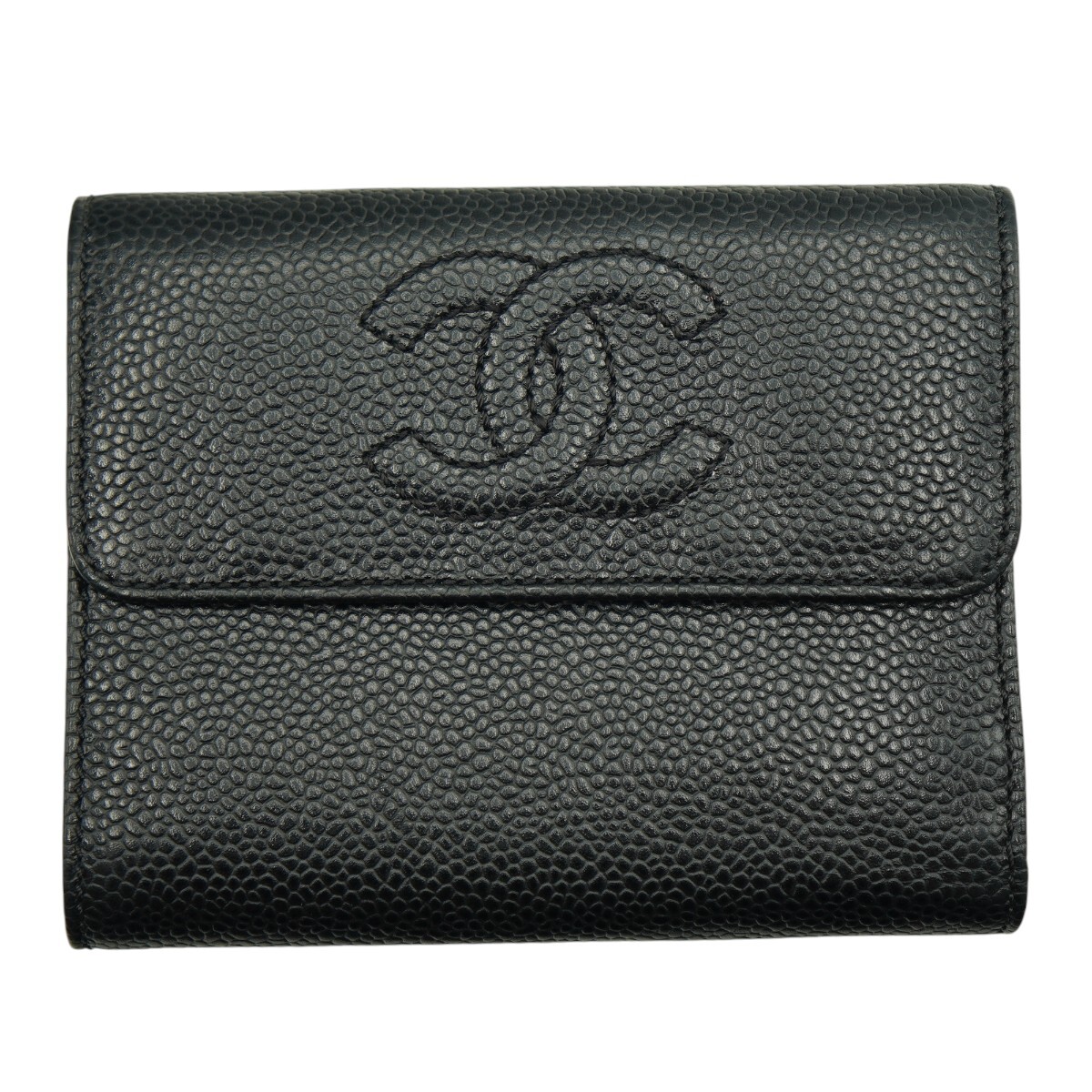 CHANEL シャネル ココマーク キャビアスキン コンパクト 6番台 三つ折り財布 ブラック M2605-k108