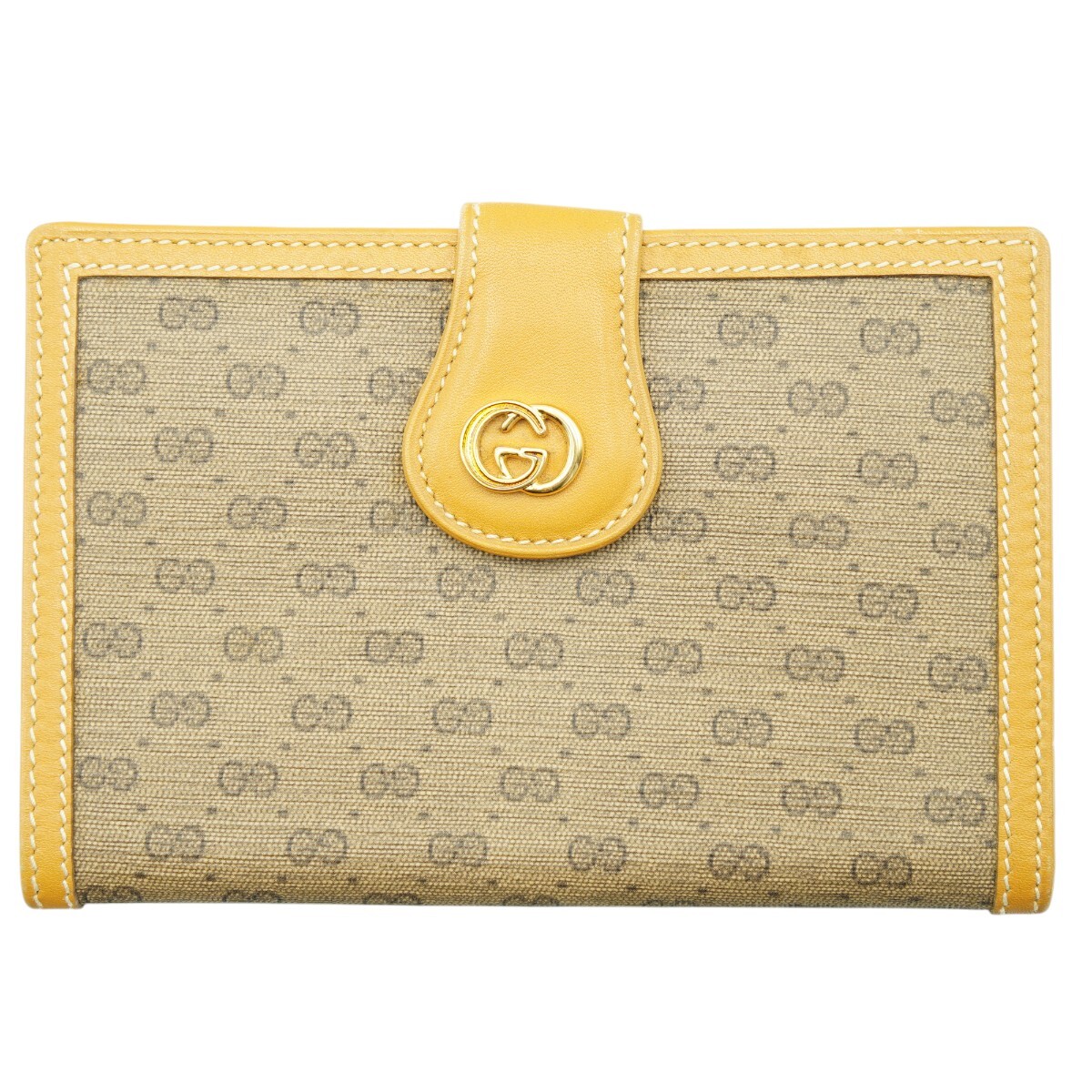 GUCCI オールドグッチ マイクロGG PVC/レザ― がま口/ホック 二つ折り財布 035・72・0268 ベージュ M2605-k089
