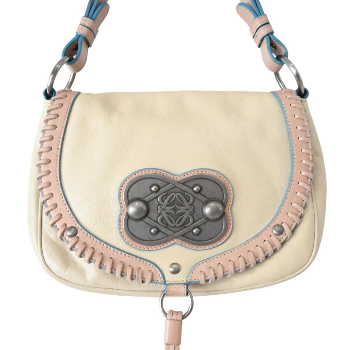 LOEWE ロエベ アナグラム フリンジ レザ― ワンショルダーバッグ ベージュ/ピンク/ブルー M2605-k091