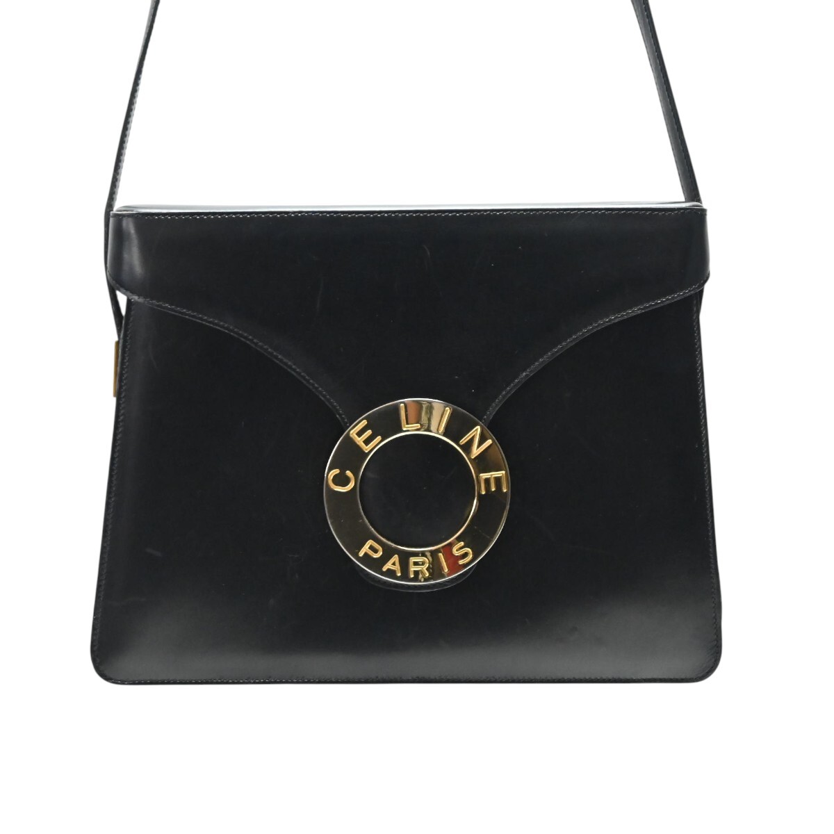 CELINE セリーヌ ヴィンテージ サークルロゴ金具 フラップ レザ― ショルダーバッグ ブラック/ゴールド M2606-k083