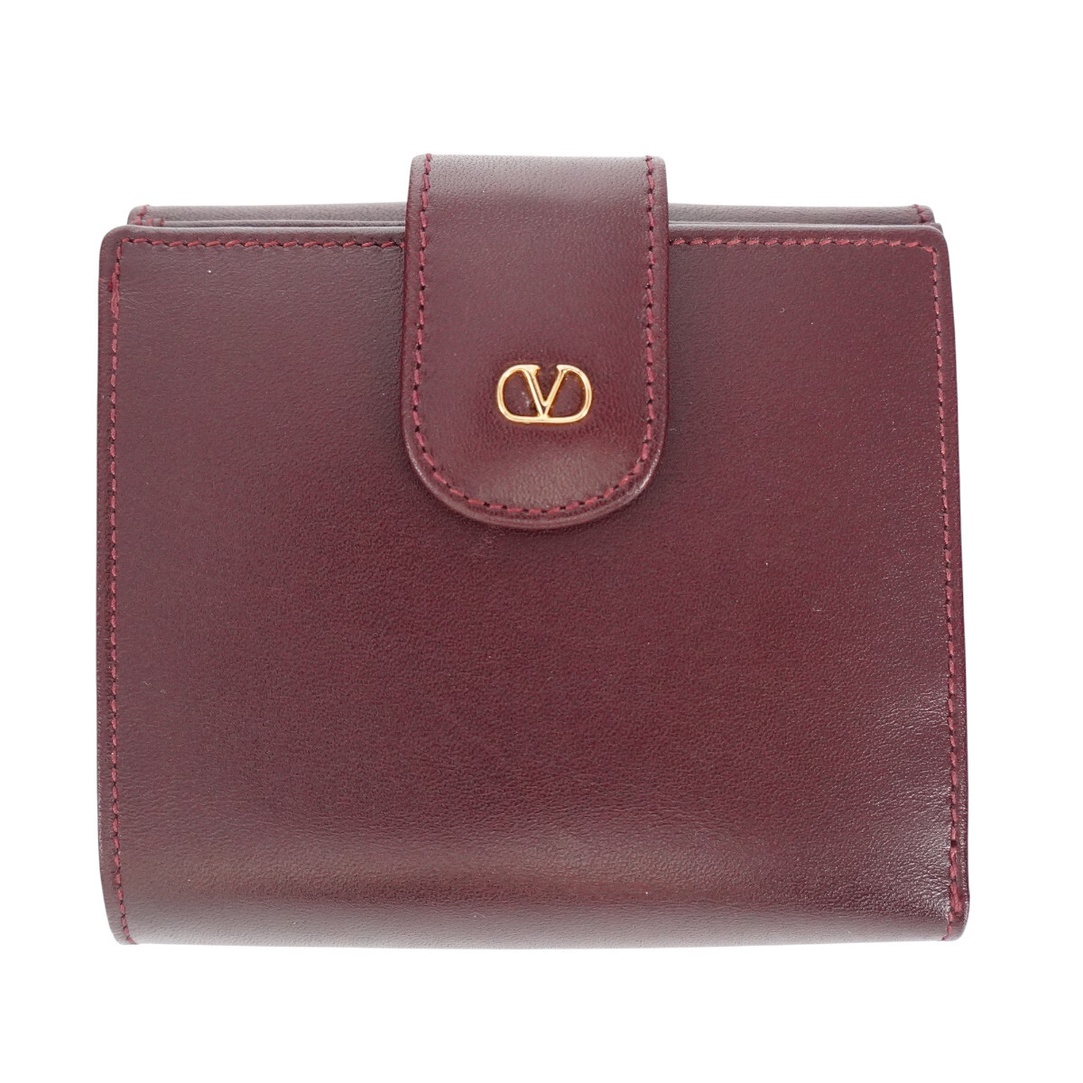 美品 VALENTINO GARAVANI ヴァレンティノガラヴァーニ Vロゴ レザ― Wホック財布 ボルドー K2606-k093