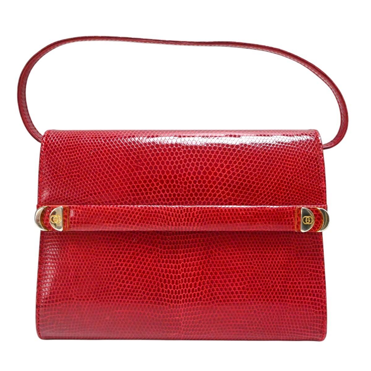 GUCCI オールドグッチ GGプレート リザード フラップ ハンドバッグ レッド K2606-k153