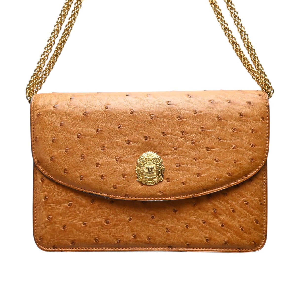 美品 CELINE セリーヌ トリオンフプレート オーストリッチ 2WAY チェーンショルダーバッグ クラッチバッグ キャメル/ゴールド M2606-k185